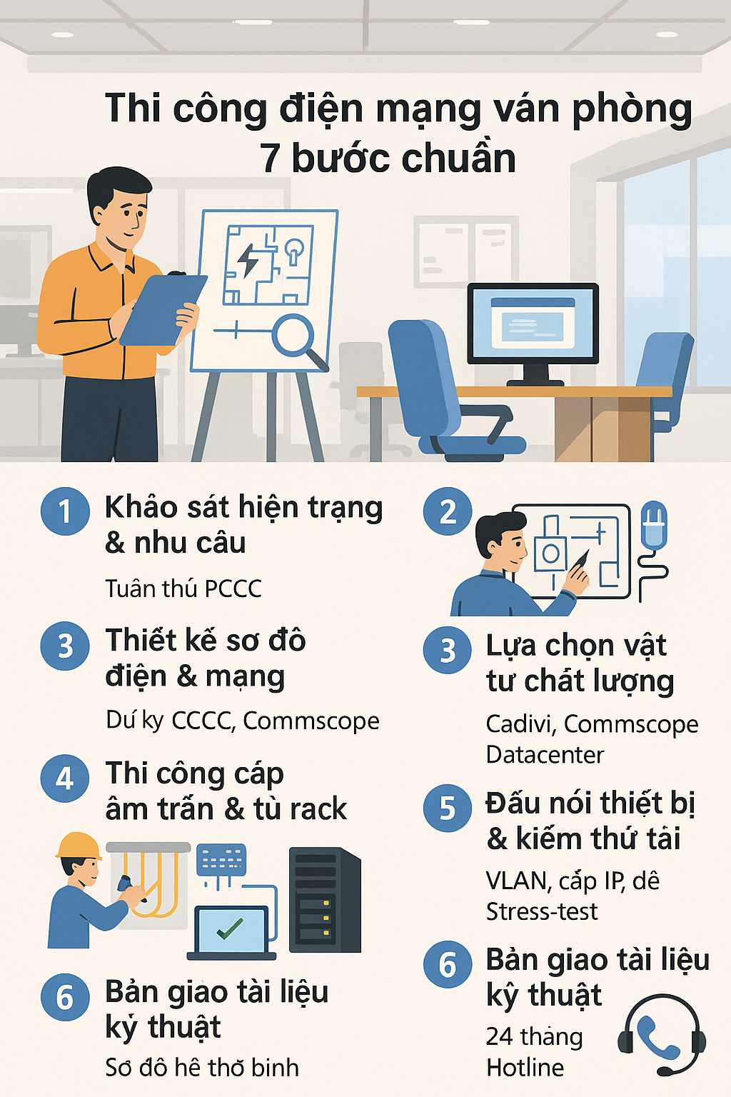 Thi công điện mạng văn phòng: 7 bước chuẩn để tối ưu hiệu suất làm việc
